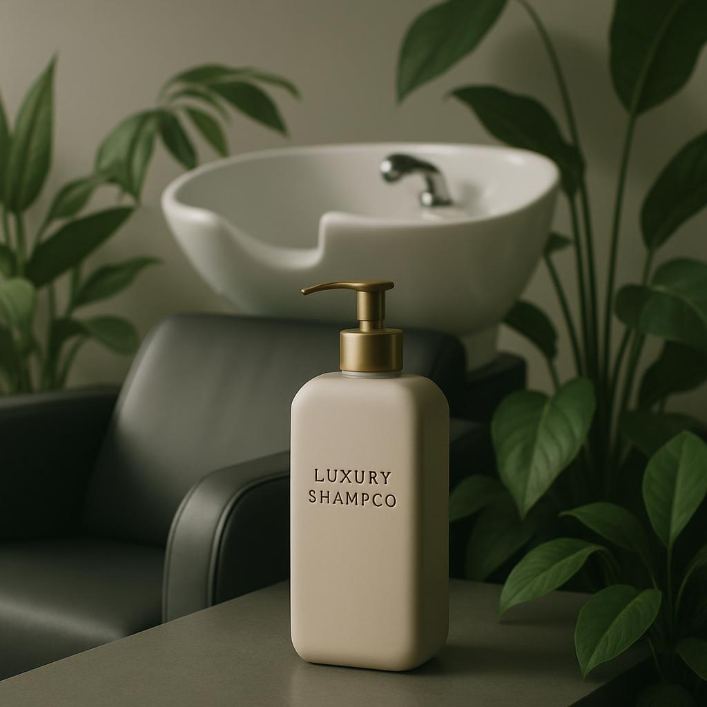 A large, beige bottle of luxury shampoo standing on a gray, flat surface with a dark-colored chair nearby. Behind a bowl, ...