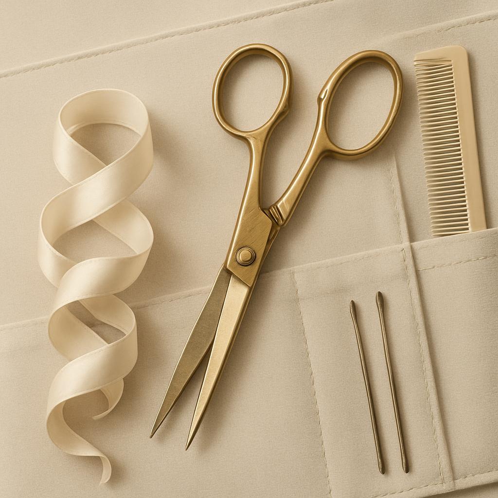 The set of objects represents a pair of gold scissors, a white comb, long white scroll inside a white fabric pouch, and tw...