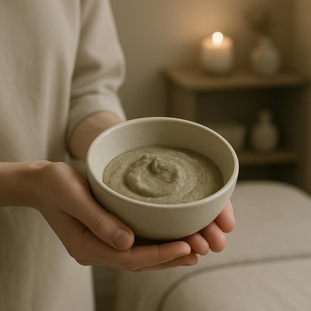 The image depicts a person holding a small, white ceramic bowl filled with a grayish-brown mud or clay substance. The indi...
