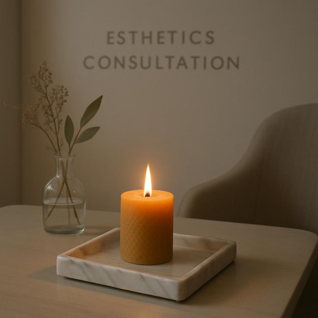 A burning candle placed on a white marble tray, with a vase of wilting flowers in the background; this appears to be a pho...